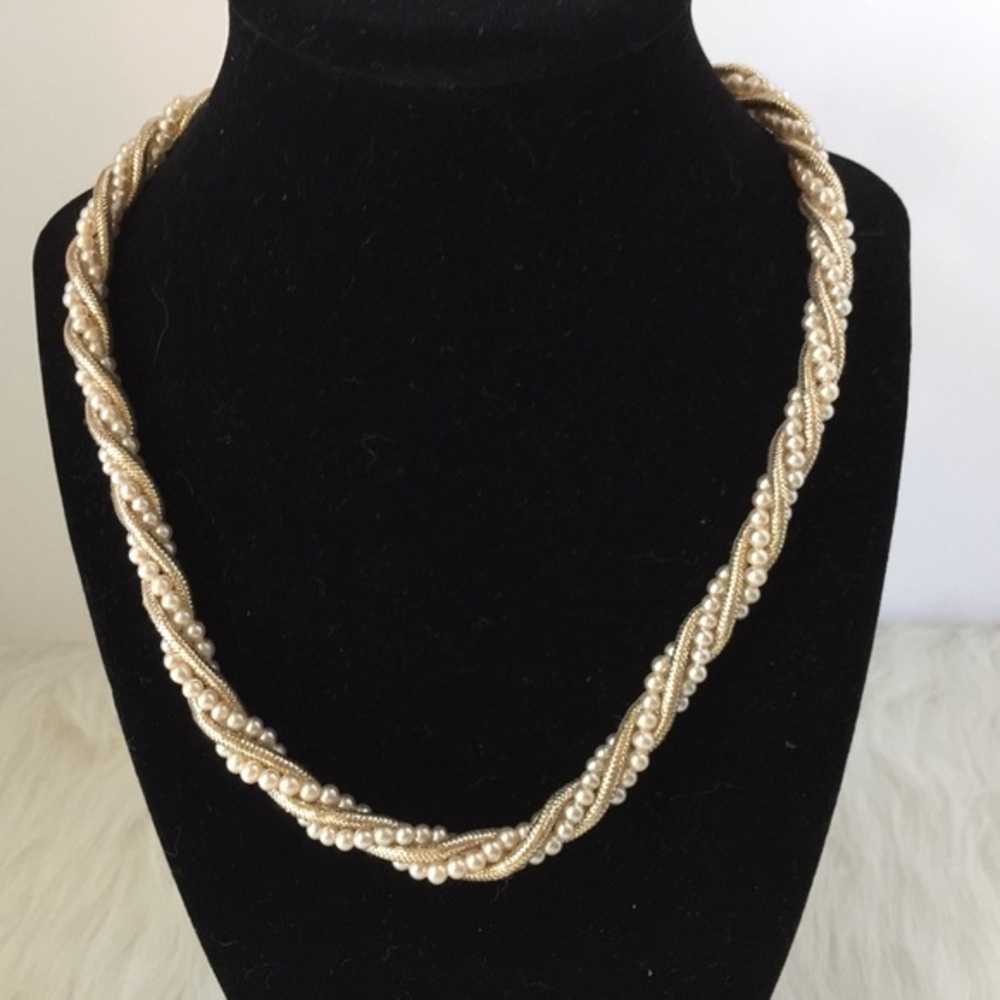 Gold Tone and Faux Seed Pearl Twist Necklace